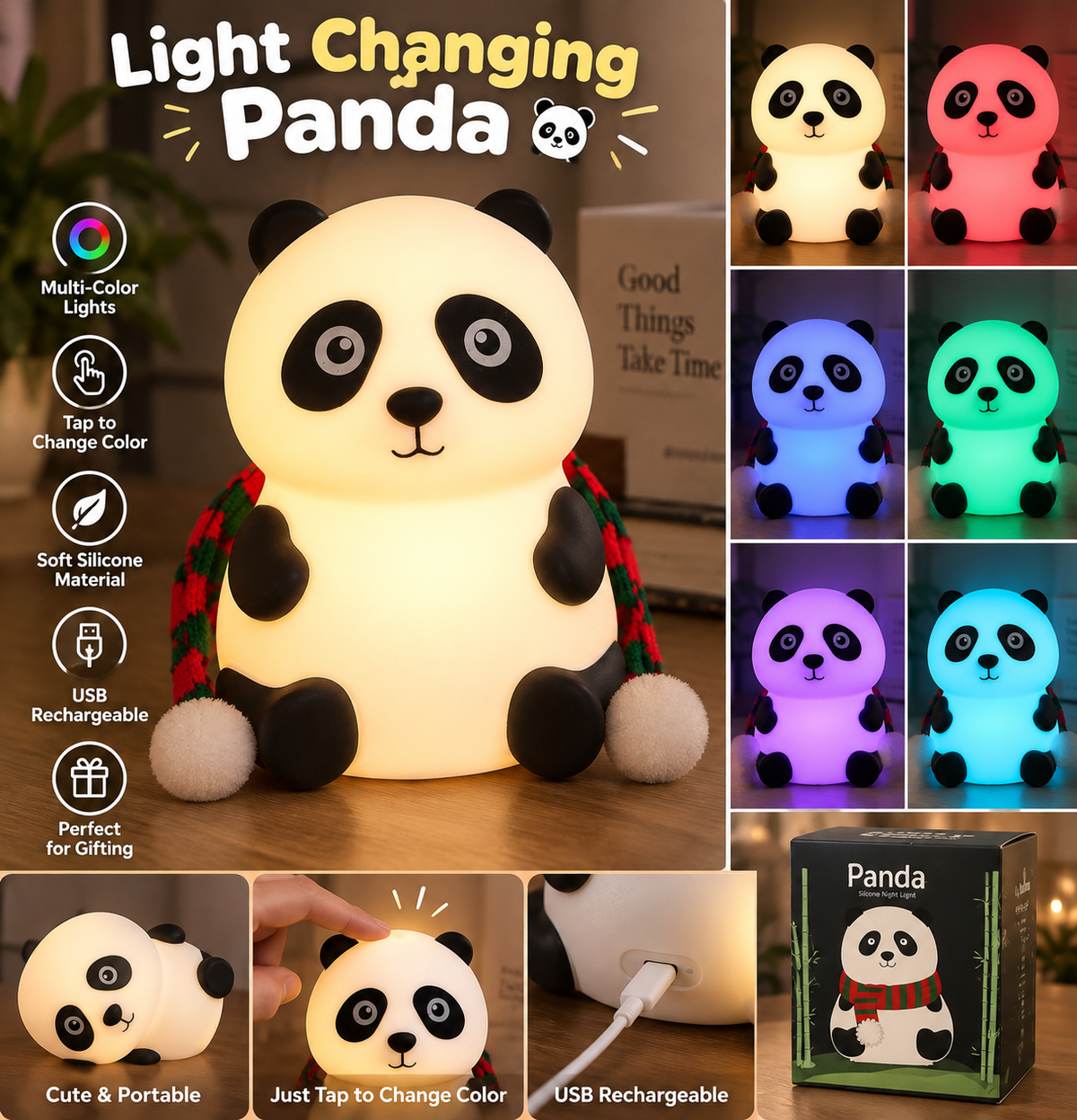 Light changing Panda with cute scarf!